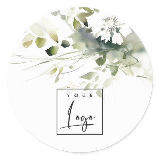 Modern Boho Abstract Green White Floral Logo Classic Round Sticker