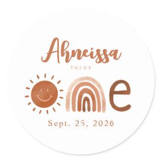 Modern Boho Rainbow Sunshine First Birthday Classic Round Sticker