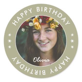 Modern Boho Simple Elegant Happy Birthday Photo Classic Round Sticker