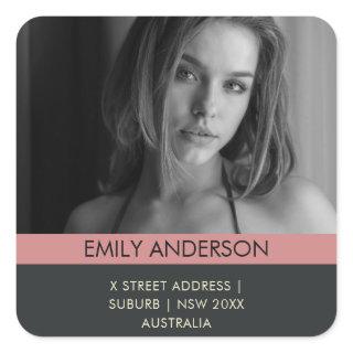 MODERN BOLD PINK BLACK PERSONAL PHOTO ADDRESS SQUARE STICKER