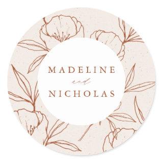 Modern Botanical Floral Cream & Cinnamon Wedding Classic Round Sticker