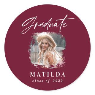 Modern burgundy script photo elegant graduation classic round sticker