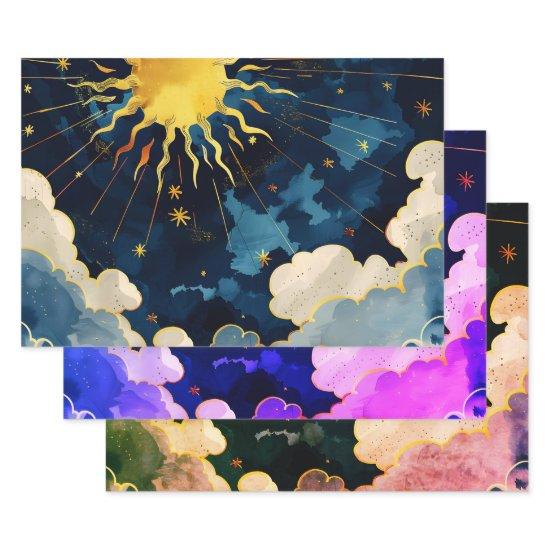 Modern Celestial Sun Stars and Blue Clouds  Sheets