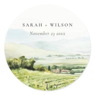 Modern Chic Watercolor Vineyard Landscape Wedding Classic Round Sticker
