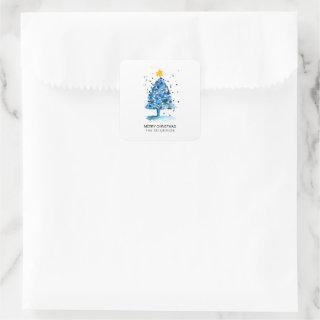 Modern Christmas Blue Watercolor Tree Square Sticker