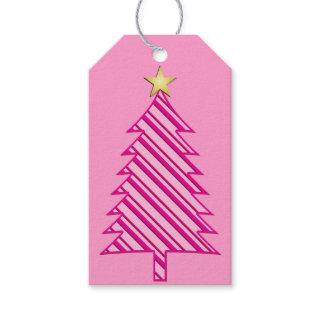 Modern Christmas Tree in Pink Peppermint Stripes Gift Tags