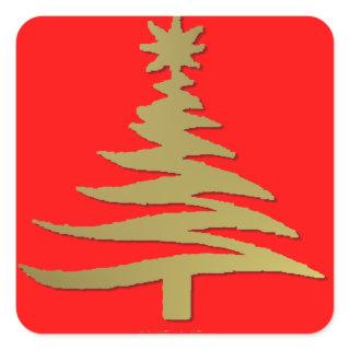 Modern Christmas Tree Stencil Print Gold Square Sticker