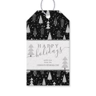 Modern Christmas Trees HAPPY HOLIDAYS Script Black Gift Tags