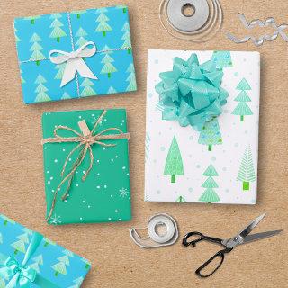 Modern Christmas Trees Turquoise Blue Pattern Trio  Sheets