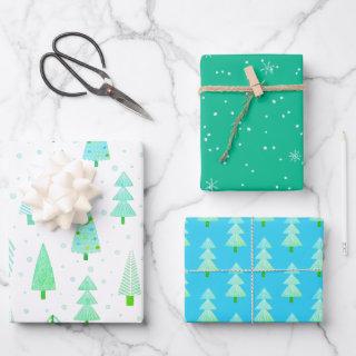 Modern Christmas Trees Turquoise Blue Pattern Trio  Sheets