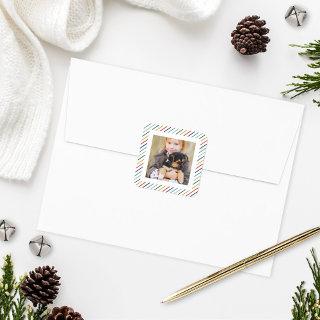 Modern Colorful Red Green Stripes Holiday Photo Square Sticker