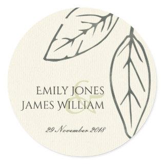 MODERN CONTEMPORARY KRAFT WHITE LEAVES WEDDING CLASSIC ROUND STICKER