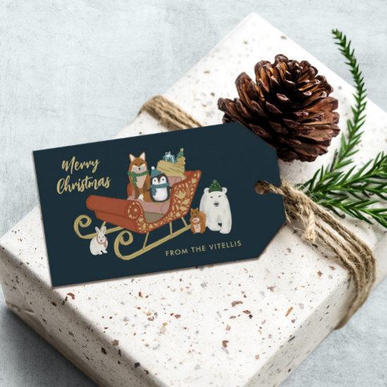 Modern Cute Animal Friends and Sleigh Christmas  Gift Tags