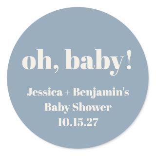Modern Cute Dusty Blue Baby Shower Custom Name Classic Round Sticker