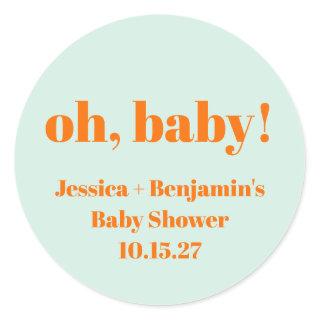 Modern Cute Mint Orange Baby Shower Custom Name Classic Round Sticker