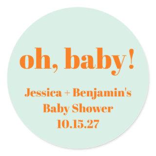 Modern Cute Mint Orange Baby Shower Custom Name Classic Round Sticker