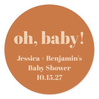 Modern Cute Terracotta Baby Shower Custom Name Classic Round Sticker