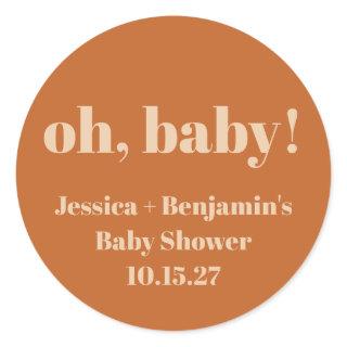 Modern Cute Terracotta Baby Shower Custom Name Classic Round Sticker