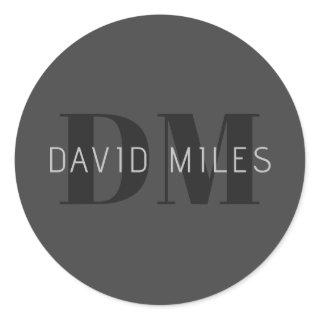 Modern Dark Grey & Black Editable Name & Monogram Classic Round Sticker