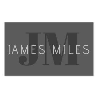 Modern Dark Grey & Black Editable Name & Monogram Rectangular Sticker