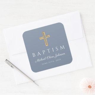 Modern Dusty Blue Religious Cross Boy Baptism Square Sticker