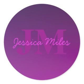 Modern Editable Monogrammed Text & Purple Ombre  Classic Round Sticker