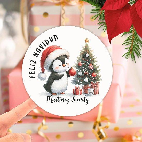 Modern Elegant Cute Penguin Spanish Feliz Navidad Classic Round Sticker