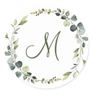 Modern Elegant Eucalyptus Wreath MONOGRAM Boho Classic Round Sticker