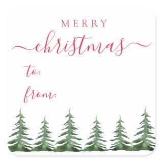 Modern & Elegant Script Pine Trees Christmas Gift Square Sticker