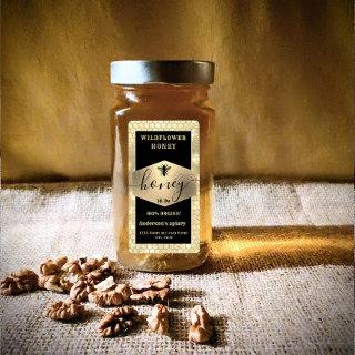 Modern elegant sparkle gold bee  script honey  lab label