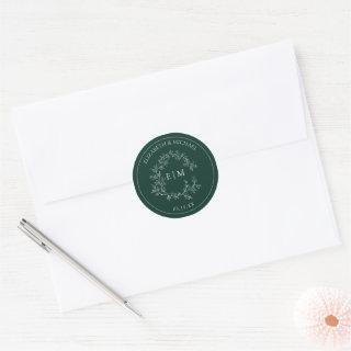 Modern Emerald Green Leafy Crest Monogram Wedding Classic Round Sticker