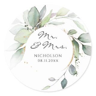 Modern Eucalyptus Greenery Gold Mr. & Mrs. Classic Round Sticker