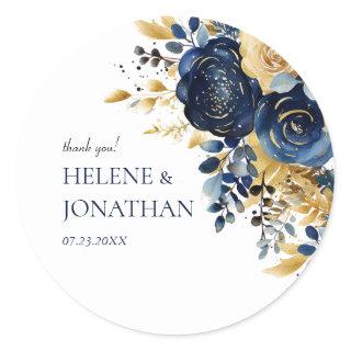 Modern Floral Navy Blue Gold Wedding Classic Round Sticker