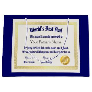 Modern Funny World's Best Dad Certificate  Large Gift Bag