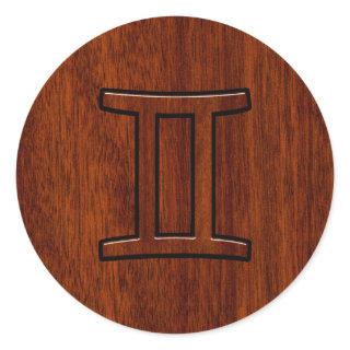 Modern Gemini Zodiac Symbol on Mahogany like print Classic Round Sticker