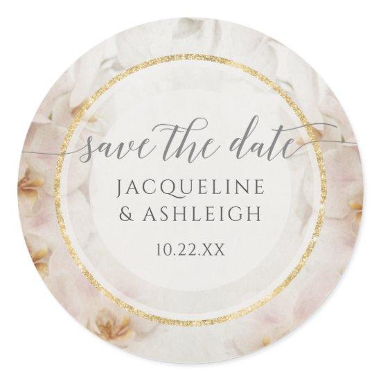 Modern Geometric Floral Gold Glitter Save the Date Classic Round Sticker
