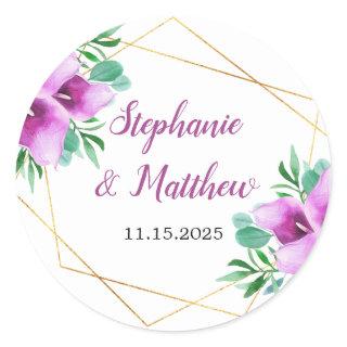 Modern Geometric Purple Calla Lily Wedding Classic Round Sticker