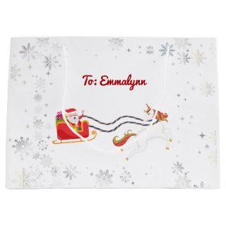 Modern Girly Unicorn Santa Snowflakes Name Xmas Large Gift Bag