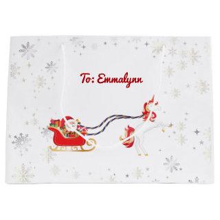 Modern Girly Unicorn Santa Snowflakes Name Xmas Large Gift Bag