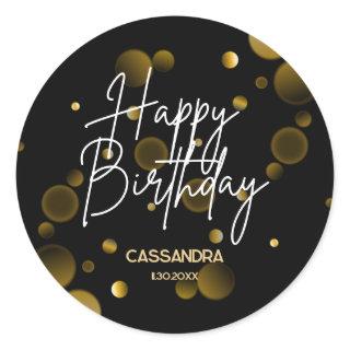 Modern Gold Bokeh Gradient Black Happy Birthday Classic Round Sticker