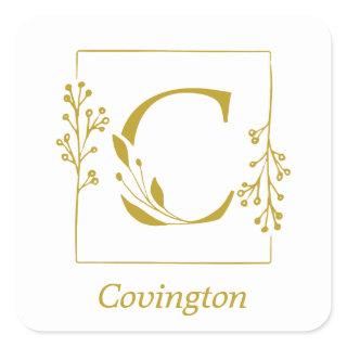 Modern Gold Botanical Letter C Square Sticker