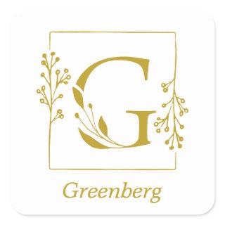 Modern Gold Botanical Letter G Square Sticker