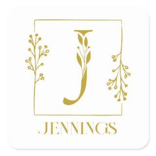 Modern Gold Botanical Monogram Letter J Square Sticker