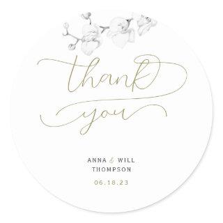 Modern Gold Flourishes Orchid Wedding Thank You Classic Round Sticker