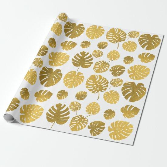 Modern Gold Monstera Tropical Leaves Pattern