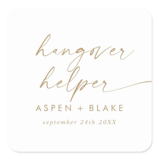 Modern Gold Script Hangover Helper Wedding Favor Square Sticker