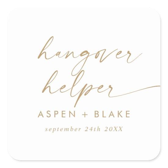 Modern Gold Script Hangover Helper Wedding Favor Square Sticker