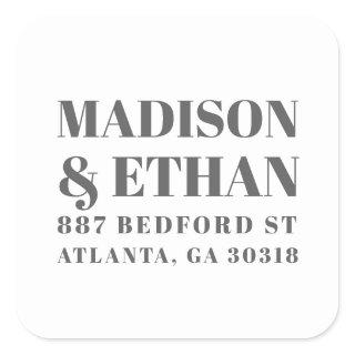 Modern Gray and White Bold Wedding Return Address Square Sticker
