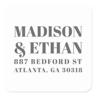 Modern Gray and White Bold Wedding Return Address Square Sticker