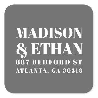 Modern Gray Bold Typography Wedding Return Address Square Sticker